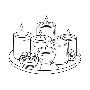 Cozy composition with burning candles. Hand drawn doodle candles with chamomile Stock Illustration