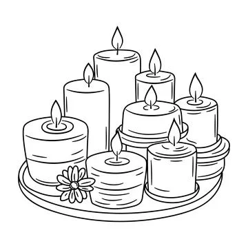 Cozy composition with burning candles. Hand drawn doodle candles with chamomile Stock Illustration