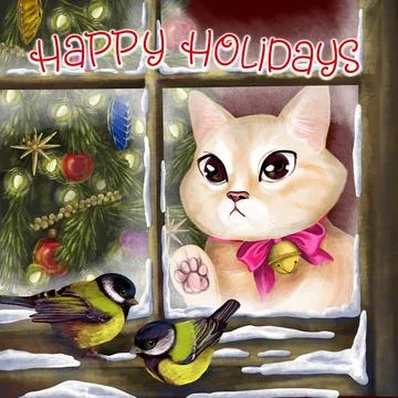 A cozy composition with a cat watching cute titmouse. Festive atmosphere wi.. Stock Illustration