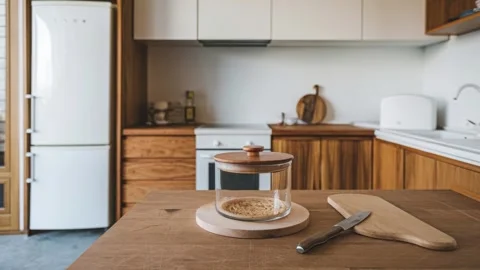 Cozy contemporary kitchen with table, tableware and  cabinets, stop motion se Video stock 303360160