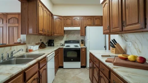 Cozy contemporary kitchen with table, tableware and  cabinets, stop motion se Video stock 303360167