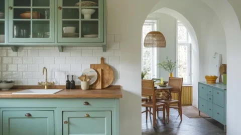 Cozy contemporary kitchen with table, tableware and  cabinets, stop motion se Stock Footage 303360342