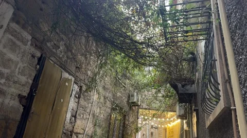 Cozy Corner of the Old City with String Lights and Leaves Stock Footage 327143348