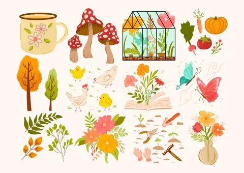 Cozy cute cottagecore vector set. Countryside farm items, animals, flowers, cup Stock Illustration