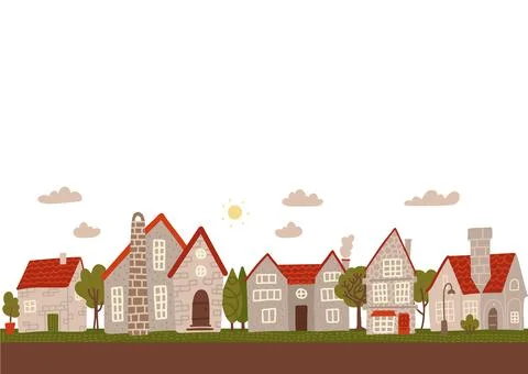Cozy day small town street. Cartoon grey city buildings flat vector illustration Stock Illustration