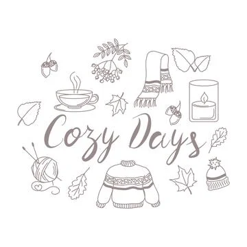 Cozy Days hand drawn fall designs. Scarf, candle, rowan, tea,sweater, scarf with Stock-Illustration
