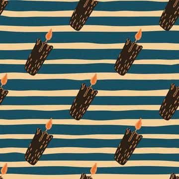 Cozy decoration seamless pattern with brown candle print. Navy blue striped b Stock Illustration