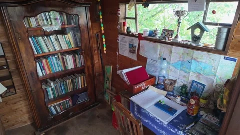 Cozy desk with guestbook, map and books in the Jóreménység-sziget community Stock Footage 317620028