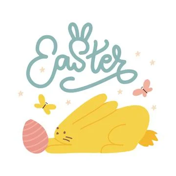 Cozy Easter bunny touching a pink egg. Sweet yellow rabbit with cute lettreing Stock Illustration