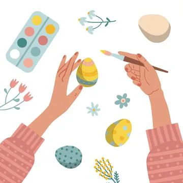 Cozy Easter scene - woman preparing for Easter. female hands are painting eggs Stock Illustration