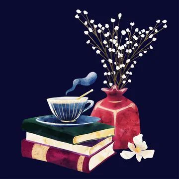 Cozy evening composition with books and tea cup Stock Illustration