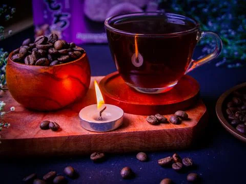 Cozy evening with a cup of coffee and tasty soft Japanese mochi cakes. Stock Photos