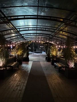 Cozy Evening Terrace with String Lights Stock Photos