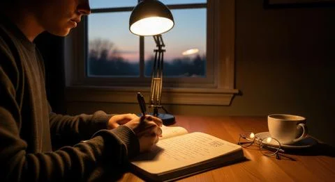 Cozy evening writing session lamp glow notebook coffee creative journaling .. Stock Illustration