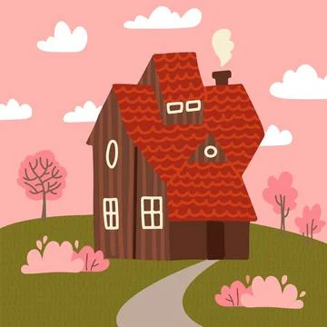 Cozy fair weather spring landscape with small country wooden house and blooming Stock Illustration