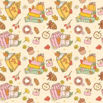 Cozy Fall Bookish Seamless Pattern Girly Autumn Reading Book Lover Wallpape.. Stock Illustration