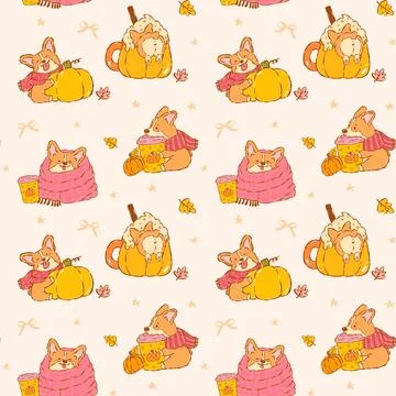 Cozy Fall Corgi Seamless Pattern Hand Drawn Kawaii Cute Autumn Cartoon Dog .. Illustrazione stock