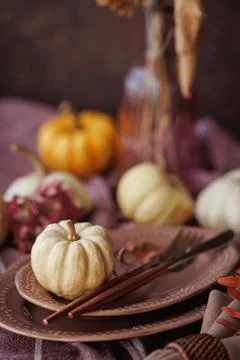 Cozy fall dinner setting with rustic pumpkins and soft pink plates 스톡 사진
