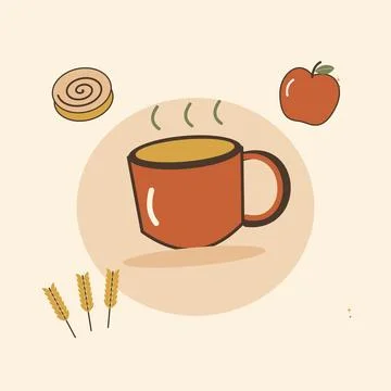 Cozy fall drink and fresh cinnamon roll. Decorative flat vector composition w Illustrazione stock