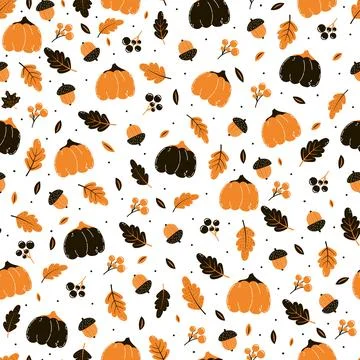 Cozy fall pumpkin pattern with leaves and acorn on white background, time f.. 스톡 일러스트