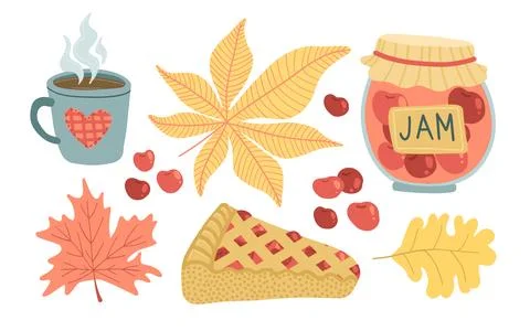 Cozy fall-themed design with pie, jam, coffee, and leaves, ideal for seasonal Illustrazione stock