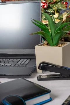 Cozy Festive Workspace, Remote Worker Prepares Holiday Tasks Stock Photos