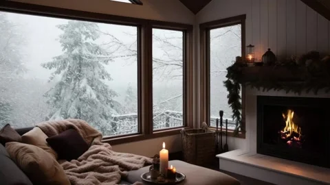 Cozy Fireplace with Burning Flame in Winter Living Room Stock Footage 256038644