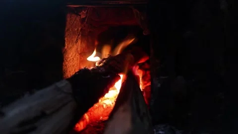 Cozy Fireplace with Glowing Log Flames. Stock Footage 289434604
