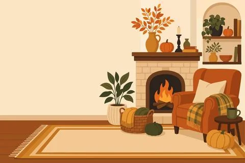 Cozy Fireplace Interior Website Header イラスト素材