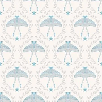 Cozy floral damask seamless pattern. Light beige and blue butterfly. Vector gray Stock Illustration