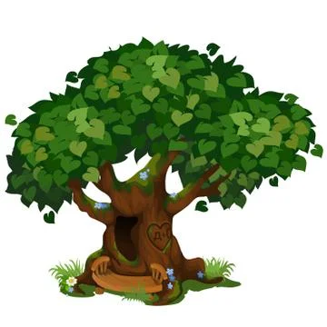 Cozy forest hut in the old tree isolated on white background. The fabulous tree Illustrazione stock