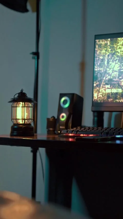 "Cozy Gaming Setup with RGB Lighting and Vintage Lantern" Stock Footage 309770493