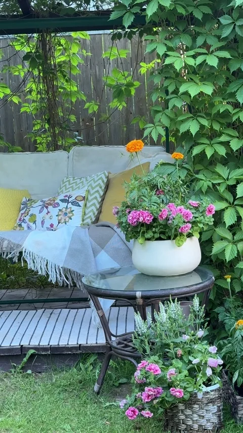 Cozy Garden Lounge with Flowers and Cat in Backyard Oasis Stock Footage 337191653