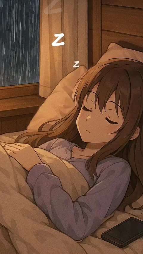 Cozy girl asleep in bed while rain falls outside Stock Footage 312871000