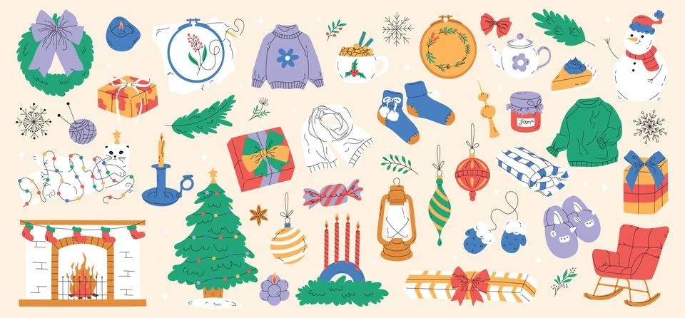 Cozy hand drawn flat set of Christmas and New Year Stock Illustration