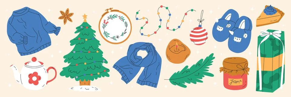 Cozy hand drawn flat set of Christmas and New Year Stock Illustration