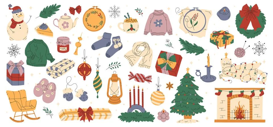 Cozy hand drawn flat set of Christmas and New Year Stock Illustration