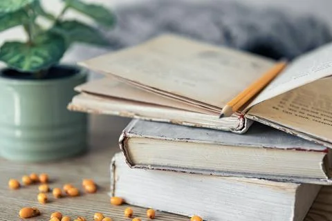Cozy home composition with a stack of books on a blurred background. Stock Photos