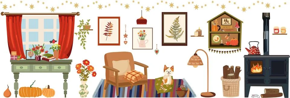 Cozy Home Elements Collection Set of Home Interior and Autumn Decor Stock Illustration
