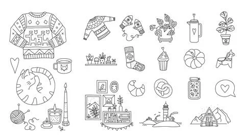 Cozy home elements doodle set with candles, gloves, sweaters, knitting, tea.. Illustrazione stock