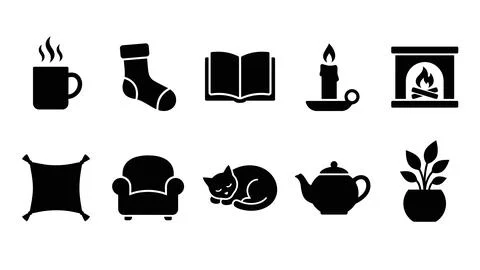 Cozy home icons set, simple comfort symbols, including a fireplace, book, a.. Illustration