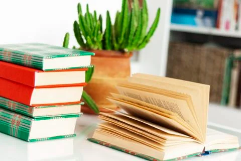 Cozy home interior decor: stack of books, plants in pots, open book on a whit Stock Photos
