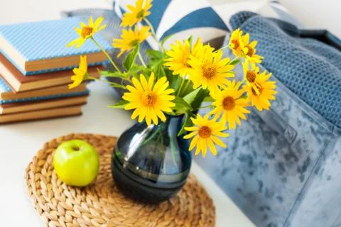 Cozy home interior decor: stack of books, green apple, decorative pillows, bo Stock Photos