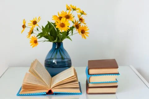 Cozy home interior decor: stack of books and vase with yellow flowers on a ta Stock Photos