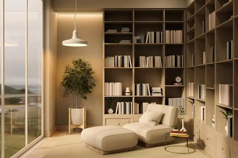 Cozy Home Library Corner with Lounge Armchair and Floor-to-Ceiling Bookshelf Stock Illustration