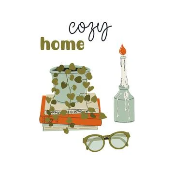 Cozy home objects, interior decorations. Concept of hygge lifestyle. Illustrazione stock