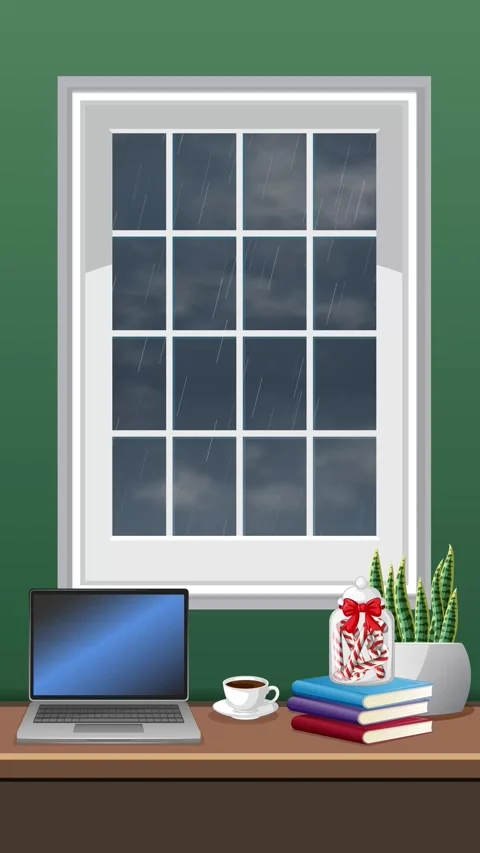 Cozy Home Office Desk by Window with Rain Animation Stock Footage 345125265