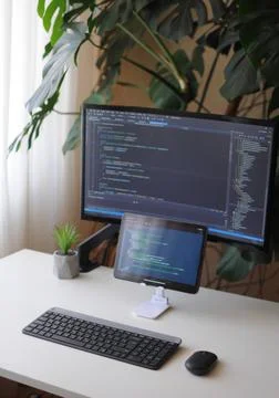 Cozy home office for developer.Screen and tablet with code. Comfort work at home Stock Photos