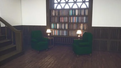Cozy home study room featuring tall wooden bookshelves Stockillustratie