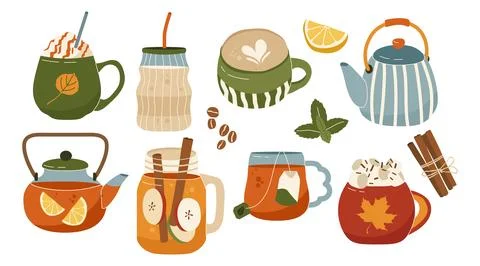 Cozy hot drinks vector set with tea coffee cocoa teapots and autumn elements 库存插图